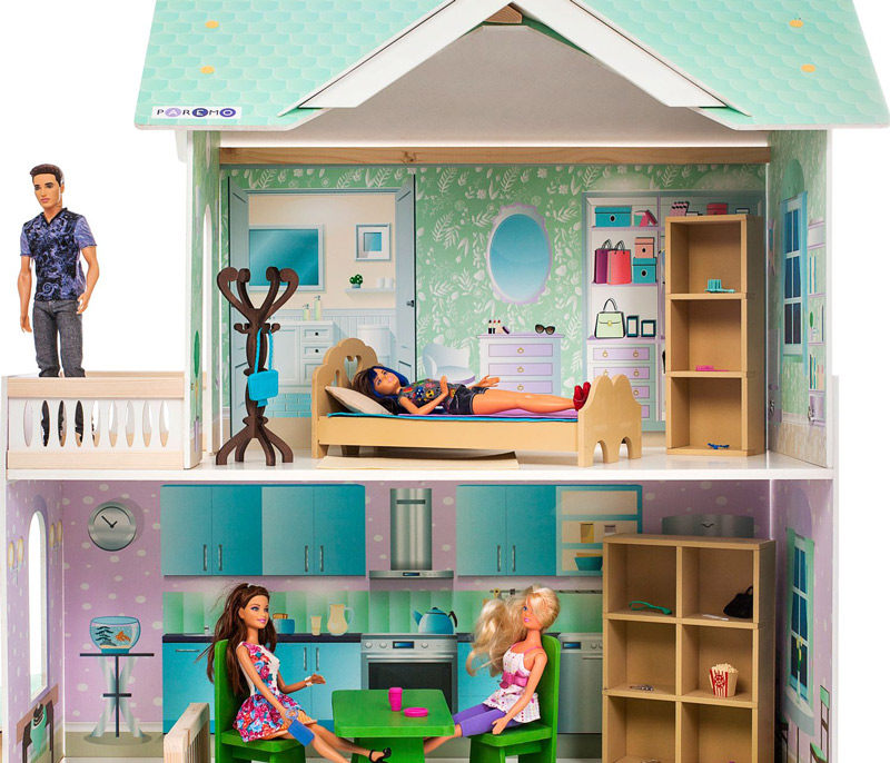 Деревянный кукольный домик "Жозефина Гранд", с мебелью 11 предметов в наборе и с гаражом, для кукол 30 см 
