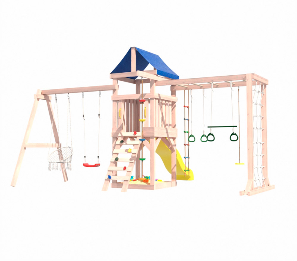 Игровой комплекс с горкой, сеткой, рукоходом, качелями и плетенным креслом OG-25