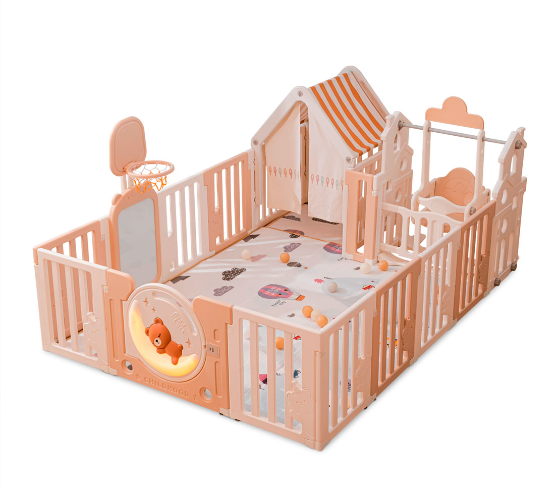 Манеж детский "Делюкс" с игровым домиком, баскетбольной стойкой, доской для рисования, качелями размер 180 x 200 см, цвет бежевый UN-22