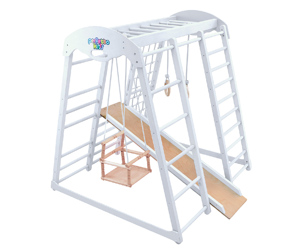 Напольный деревянный игровой комплекс "Bianco" с горкой, качелями, сеткой для лазания и гимнастическими кольцами для дома VT-553