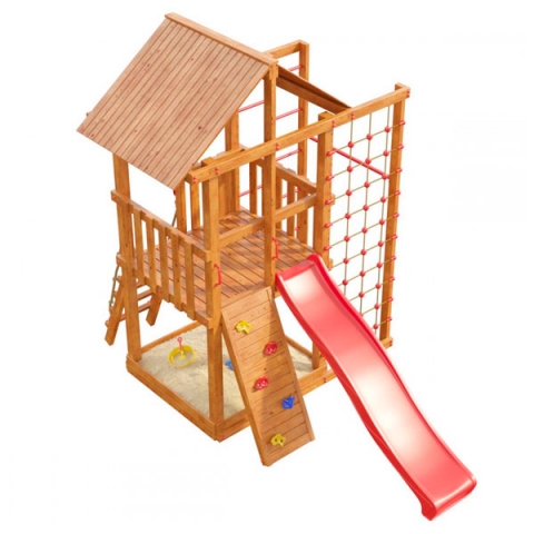Игровая площадка из дерева с горкой, песочницей, скалодромом, сеткой для лазания Бали СН23