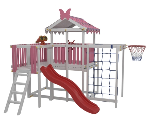 Домашний игровой комплекс с горкой, баскетбольным кольцом и сеткой для лазанья, розовый OG-53