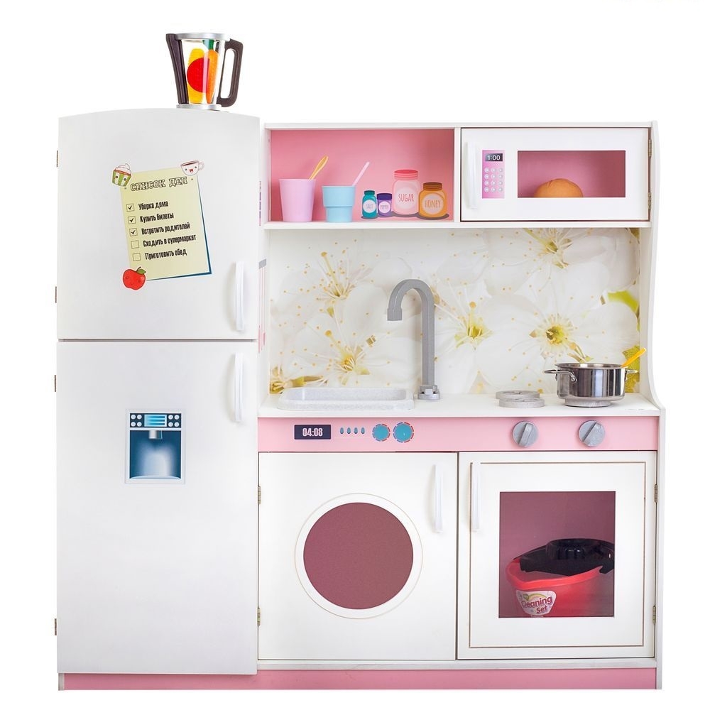 Игровая кухня с холодильником, 3 секции, высота 102 см, бело-розовая PR-39