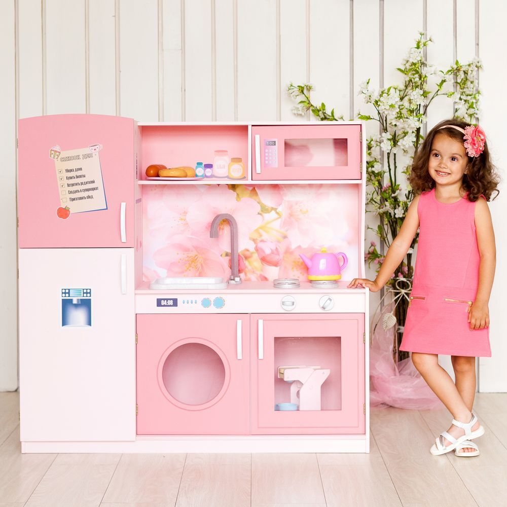 Игровая кухня с холодильником, 3 секции, высота 102 см, розовая PR-44
