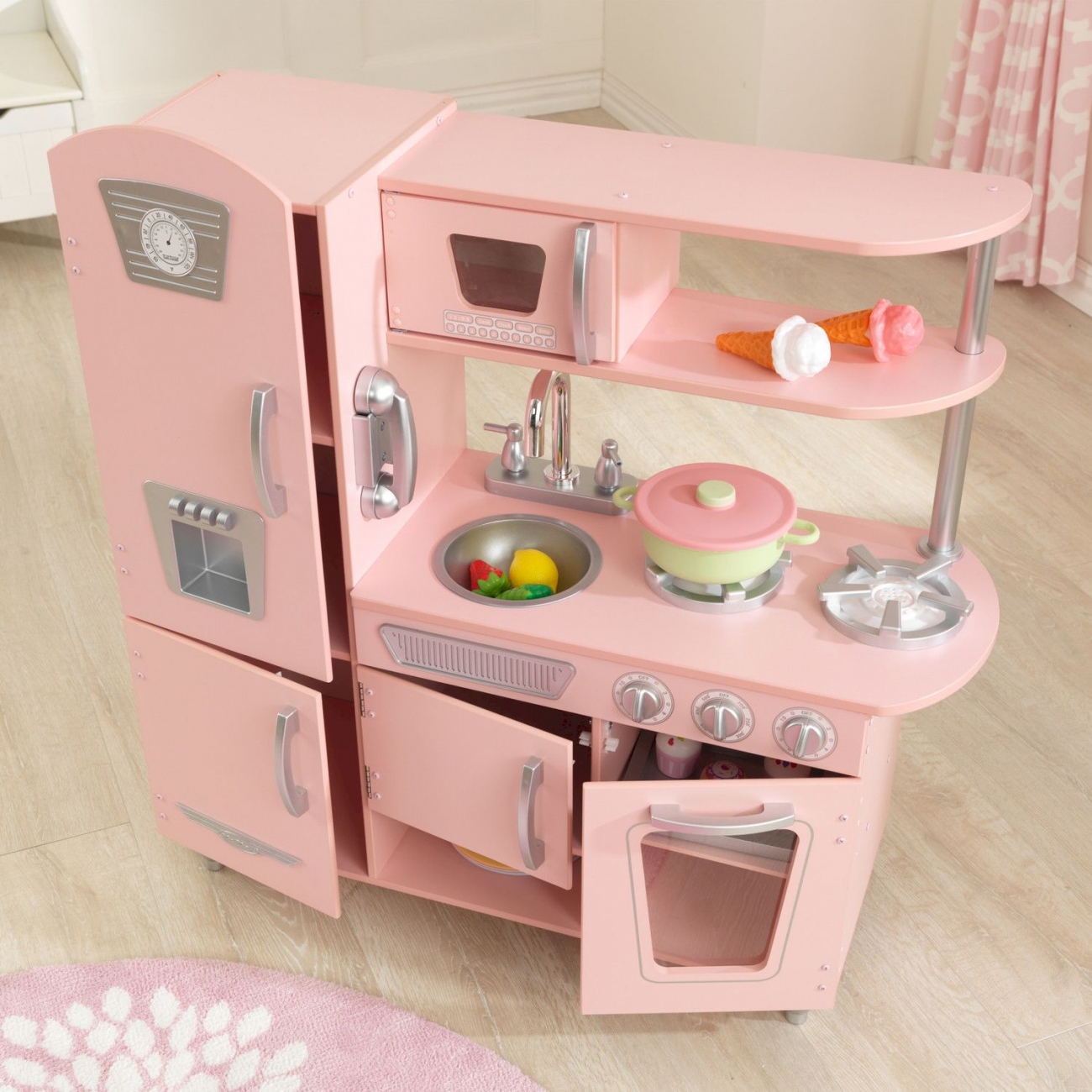 Игровая кухня в винтажном стиле, 3 секции, высота 91 см, розовая PR-45