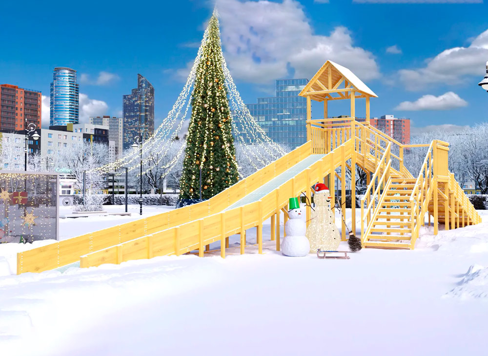 Зимняя горка деревянная Cавушка Зима Wood 9/3, скат h1 = 1,9 м, h2 = 2,7 м СВ-53