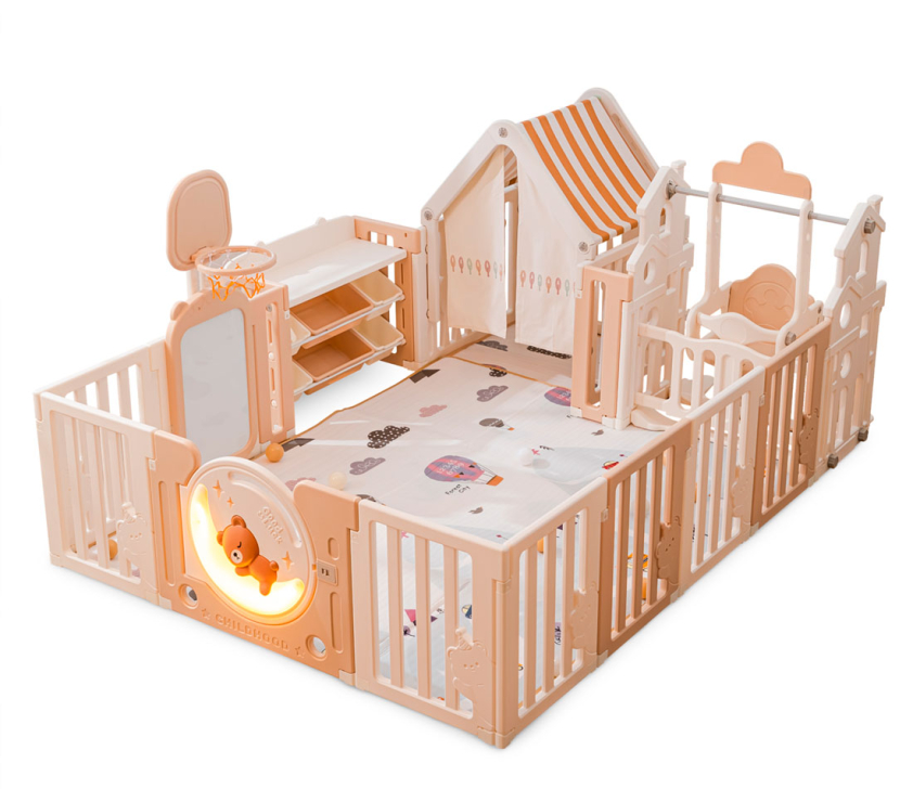 Манеж детский "Делюкс" с игровым домиком, баскетбольной стойкой, доской для рисования, качелями + место для хранения игрушек, размер 180 x 200 см, цвет бежевый UN-21