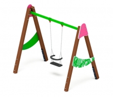Качели для детской площадки деревянные одноместные со спинкой, цвет розовый/зеленый с принтом СК35
