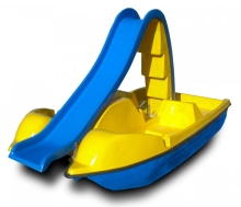Катамаран педальный четырехместный с горкой "Дельфин", цвет синий/желтый СП06