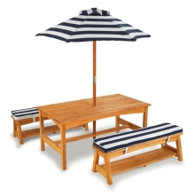 Стол с двумя скамейками и зонтом для дачи, цвет синий PR-95
