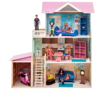Деревянный кукольный домик "Розали Гранд", с мебелью 11 предметов в наборе и с гаражом, для кукол 30 см PR-112