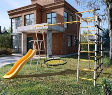Детский спортивный комплекс для дачи "Богатырь-2" + качели сетка-гнездо 100 см, цвет желтый/серый  РА96