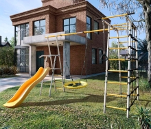 Детский спортивный комплекс для дачи "Богатырь-2" + качели-гнездо, цвет серый/желтый  РА110