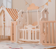 Манеж детский "Делюкс" с игровым домиком, баскетбольной стойкой, доской для рисования, качелями размер 180 x 200 см, цвет бежевый UN-22