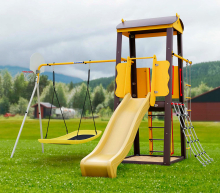 Детский спортивный комплекс для дачи Избушка с горкой, качелями, баскетбольным кольцом и сеткой PA835