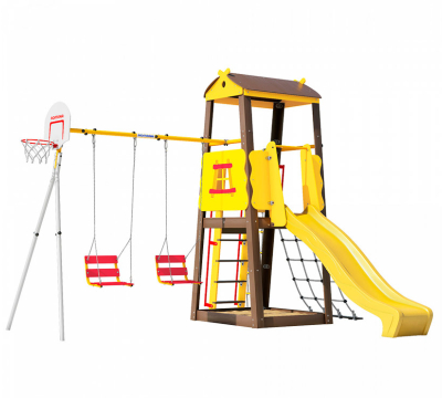 Детский спортивный комплекс для дачи Избушка с горкой, качелями, баскетбольным кольцом и сеткой PA835
