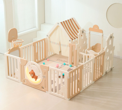 Манеж детский "Делюкс" с игровым домиком, баскетбольной стойкой, доской для рисования, качелями размер 180 x 200 см, цвет бежевый UN-22