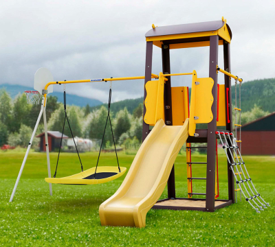 Детский спортивный комплекс для дачи Избушка с горкой, качелями, баскетбольным кольцом и сеткой PA835