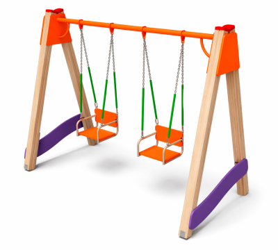 Двойные детские качели "Полянка" со спинкой на цепях на деревян. опорах ДВ31