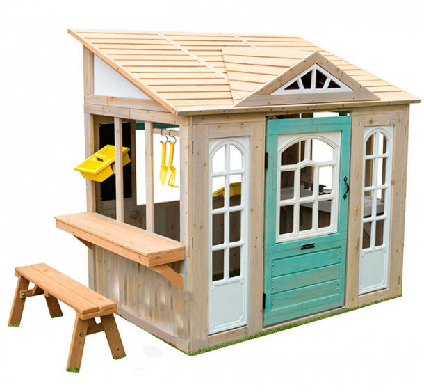 Детский деревянный домик с кухней, столом и скамейкой PR-29
