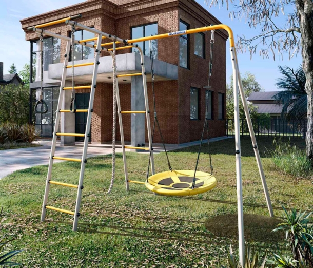 Спортивный детский комплекс для дачи "Лесная поляна" + качели-гнездо, цвет серый/желтый  РА107