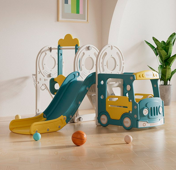 Игровой комплекс горкой и качелями UNIX Kids "Супер Автобус", цвет желтый UN-09